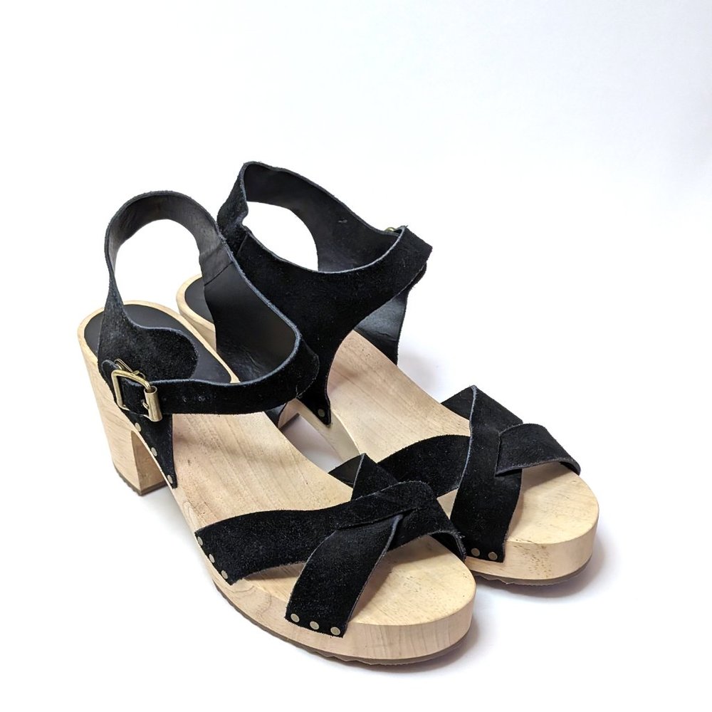 Loft Black Suede Ankle Strap Open Toe Chunky Wooden Sandals Women's Size 10M